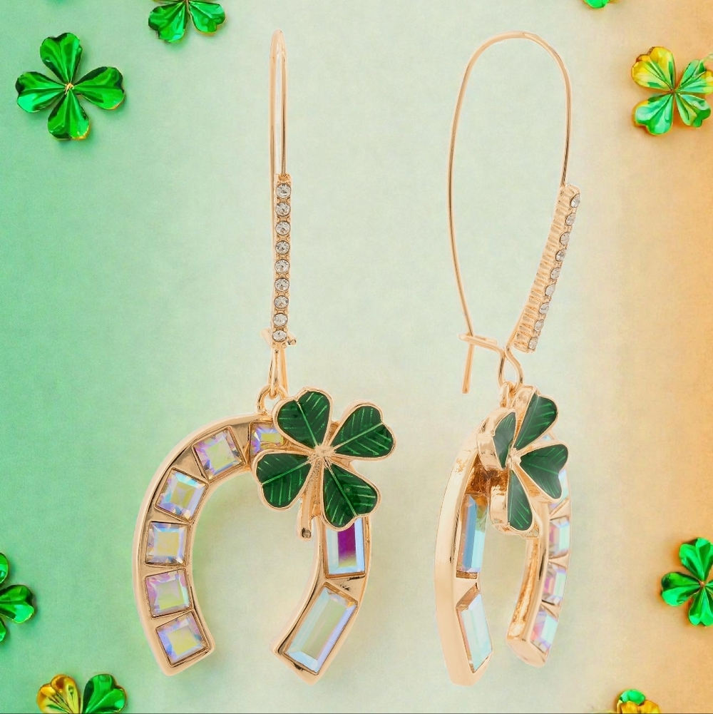 NEW Betsey Johnson Elegant Earrings with Lucky Horseshoe Clover & Stones  NWT - Picture 6 of 6